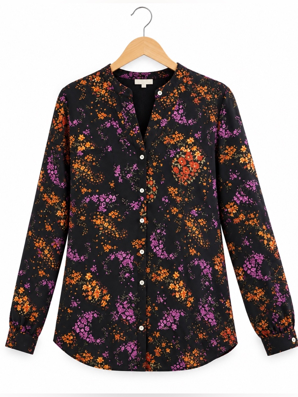 F21 Black dark Floral Button Front Blouse Long Sleeve Work Office paisley M